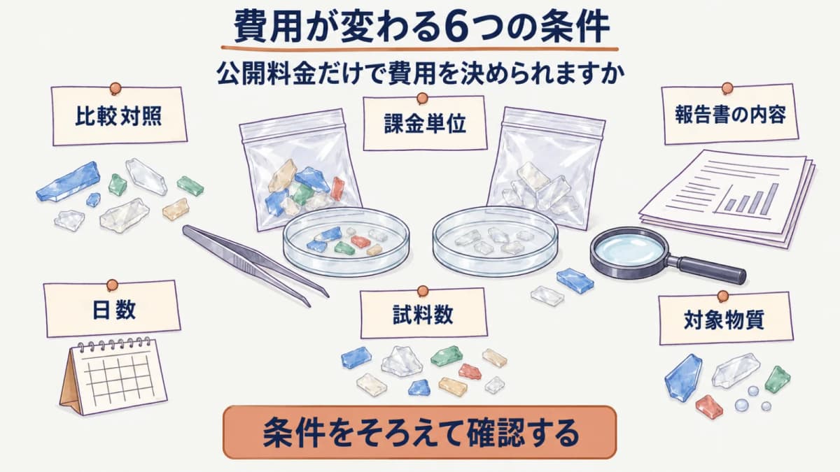 課金単位や比較対照など費用が変わる六つの条件を分けて確認する検体袋とシャーレ