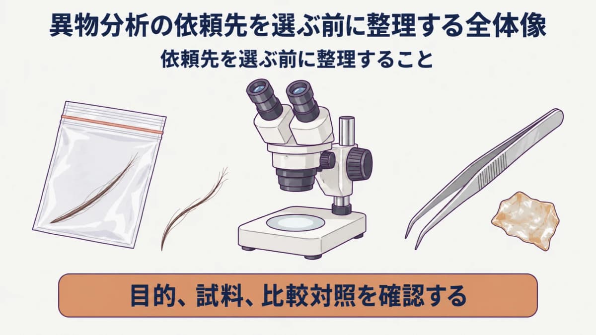 検体袋と実体顕微鏡を囲んで依頼条件を整理する早見図