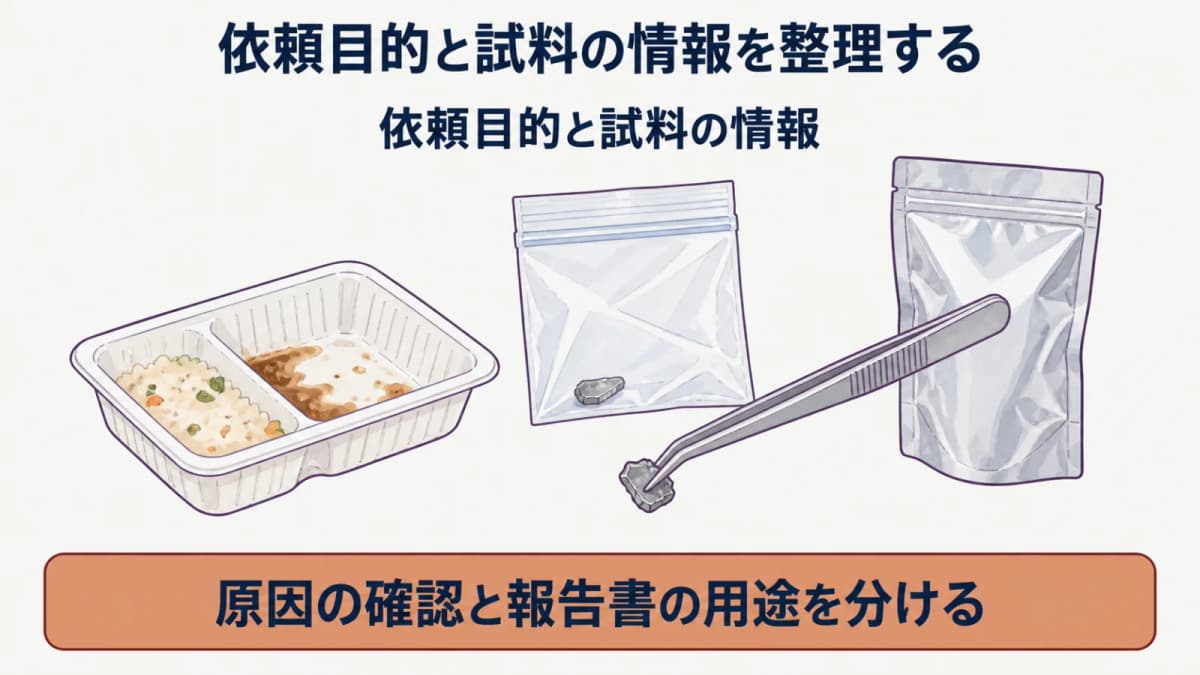 食品トレーと検体袋とパウチ包装を並べて依頼目的と試料を分ける図