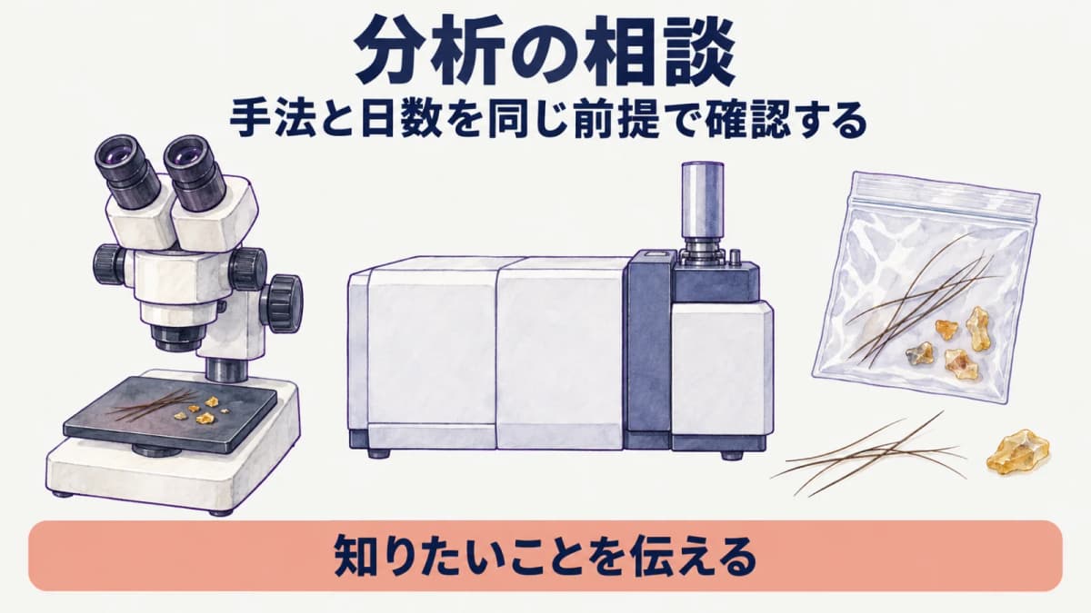 毛髪と樹脂片を実体顕微鏡で観察し手法と日数を確認する図