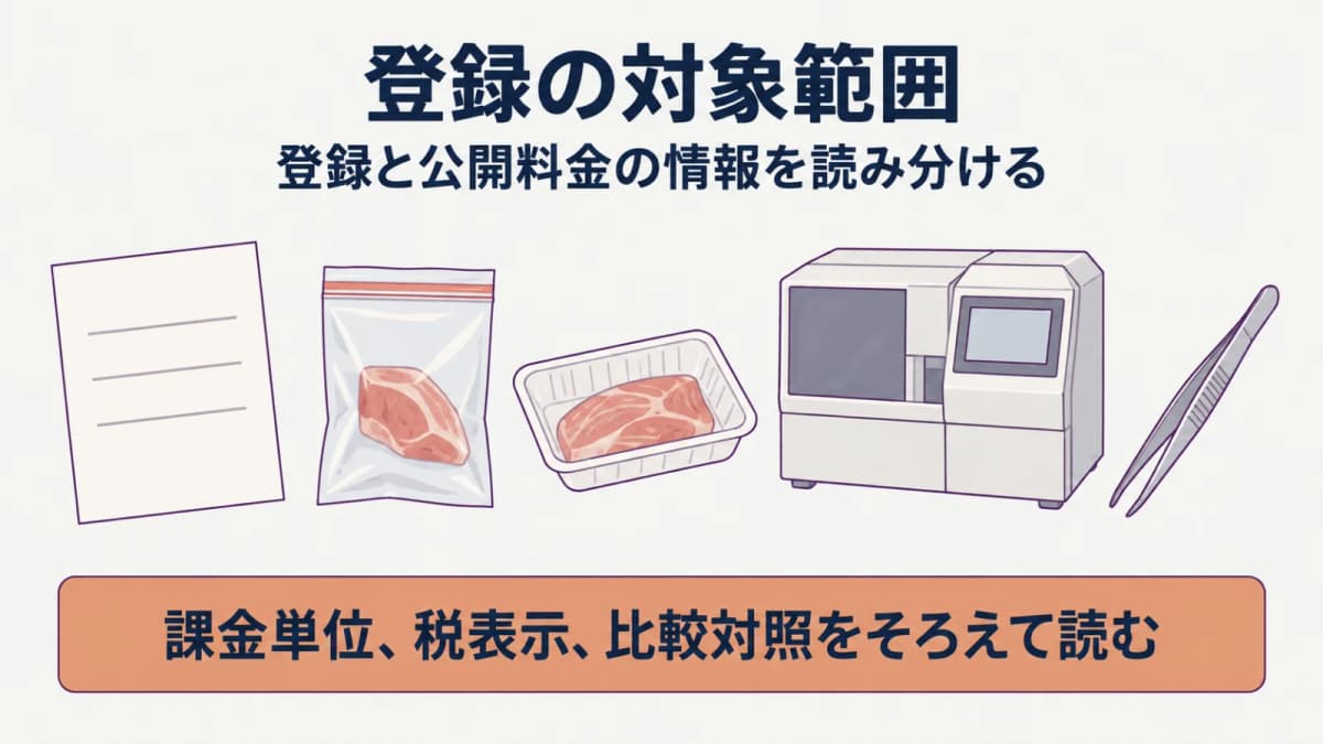 登録区分の確認と料金条件の読み分けを示す検体袋と書類の図