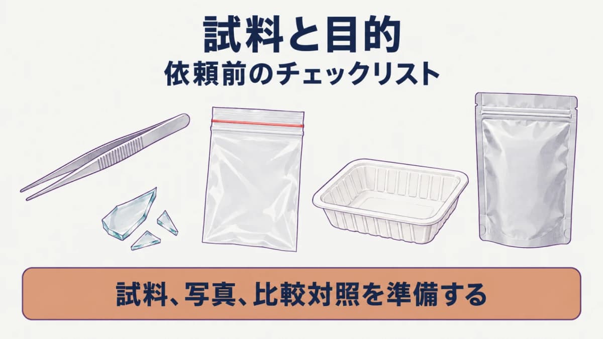 ピンセットと検体袋を使って送付前の確認事項を見直す図