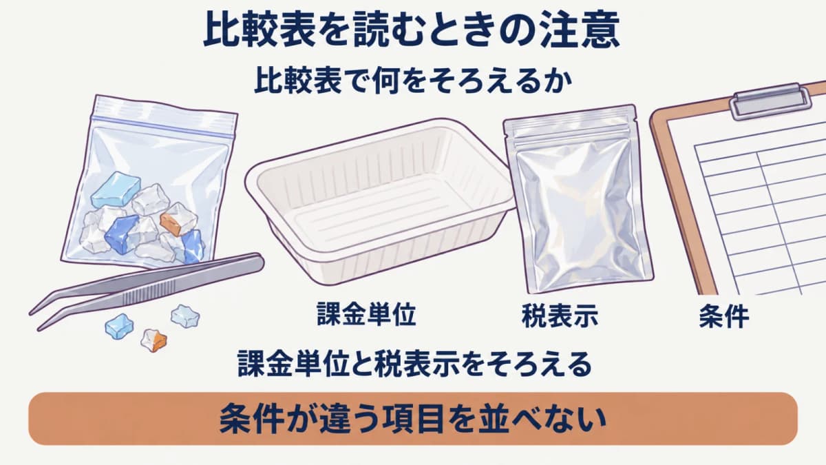 課金単位と税表示をそろえて読む比較の注意