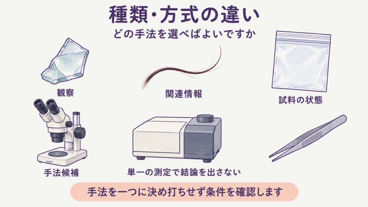 観察と関連情報から手法候補を整理するガラス片と毛髪