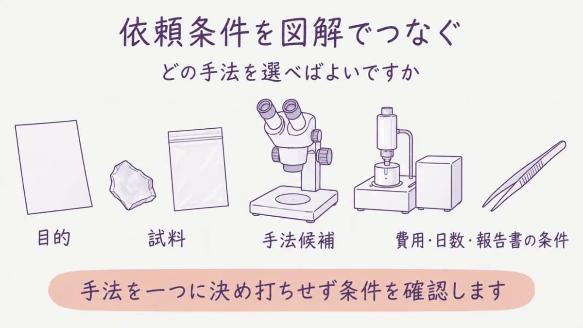 目的から依頼条件へつなぐ四段階と樹脂片