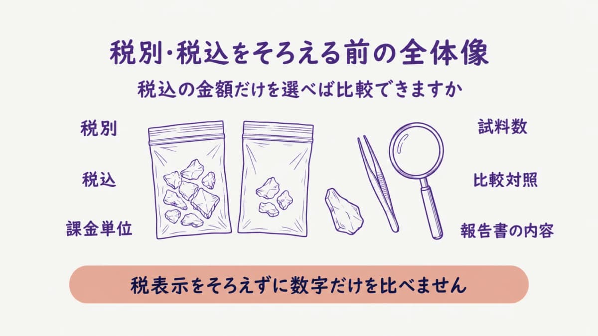 税別と税込の表示条件を整理する樹脂片と金属片
