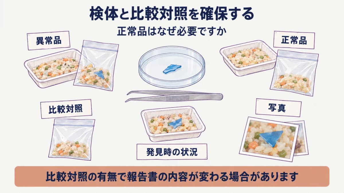 異常品と正常品を分けて保管する検体袋とピンセット