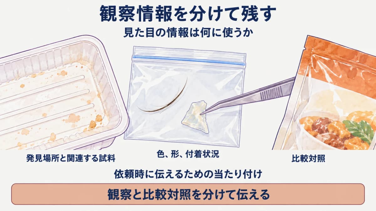 発見場所と関連する試料・色形付着状況・比較対照を分けて残す図