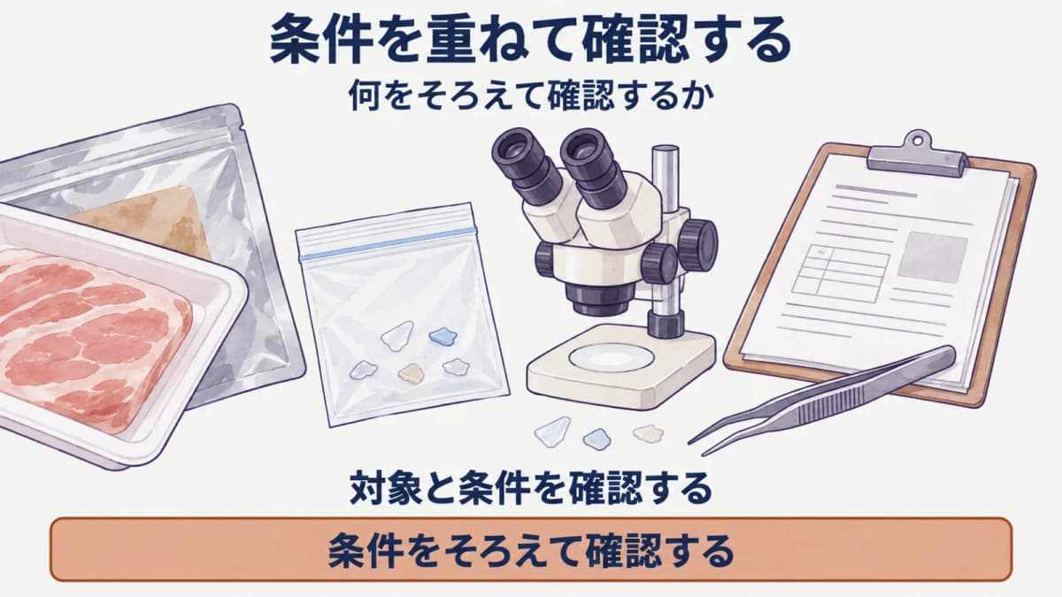 対象と条件を重ねて確認する試料とクリップボードの図