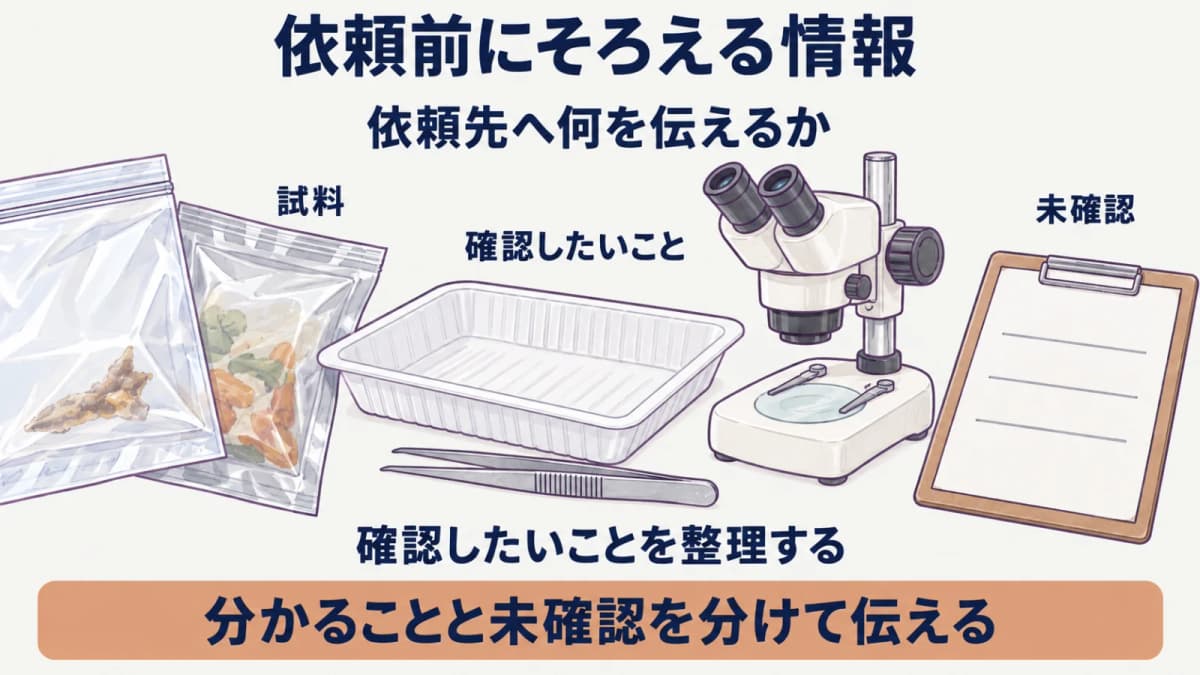 試料と確認したいことと未確認を分けて伝える図