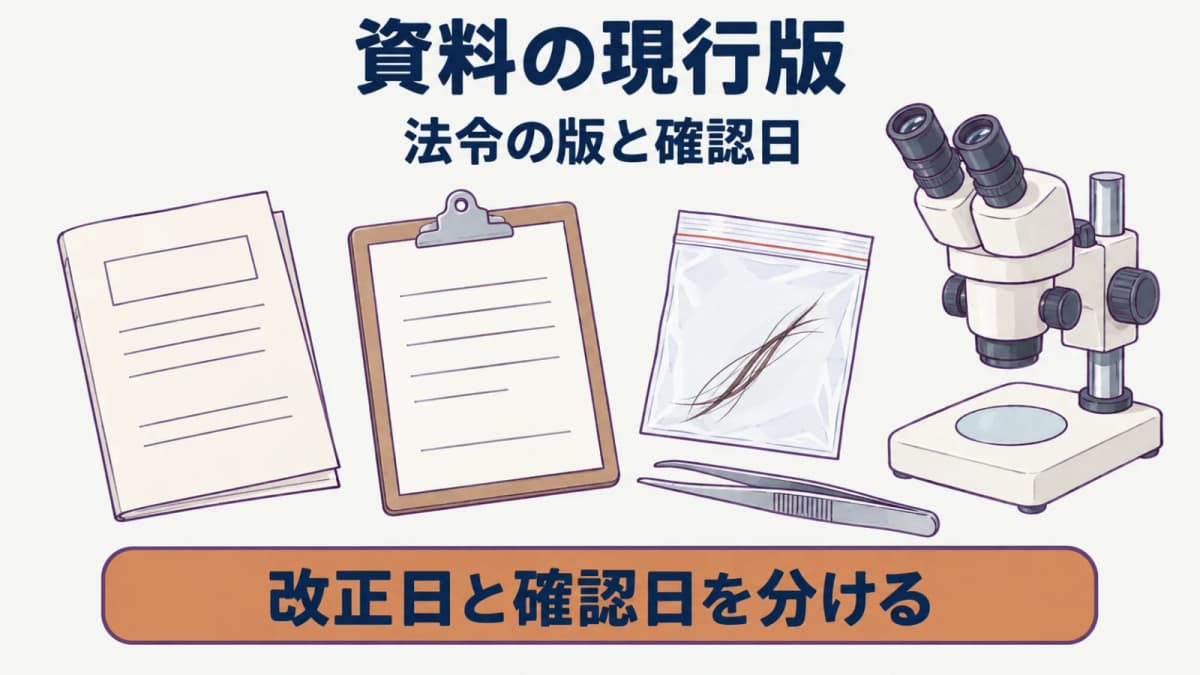 法令資料と記録用紙を並べて改正日と確認日を分けて残す図