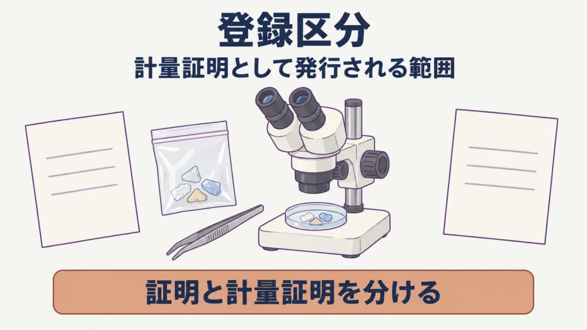 計量上の証明と依頼目的を分けて読む実体顕微鏡と書類の図