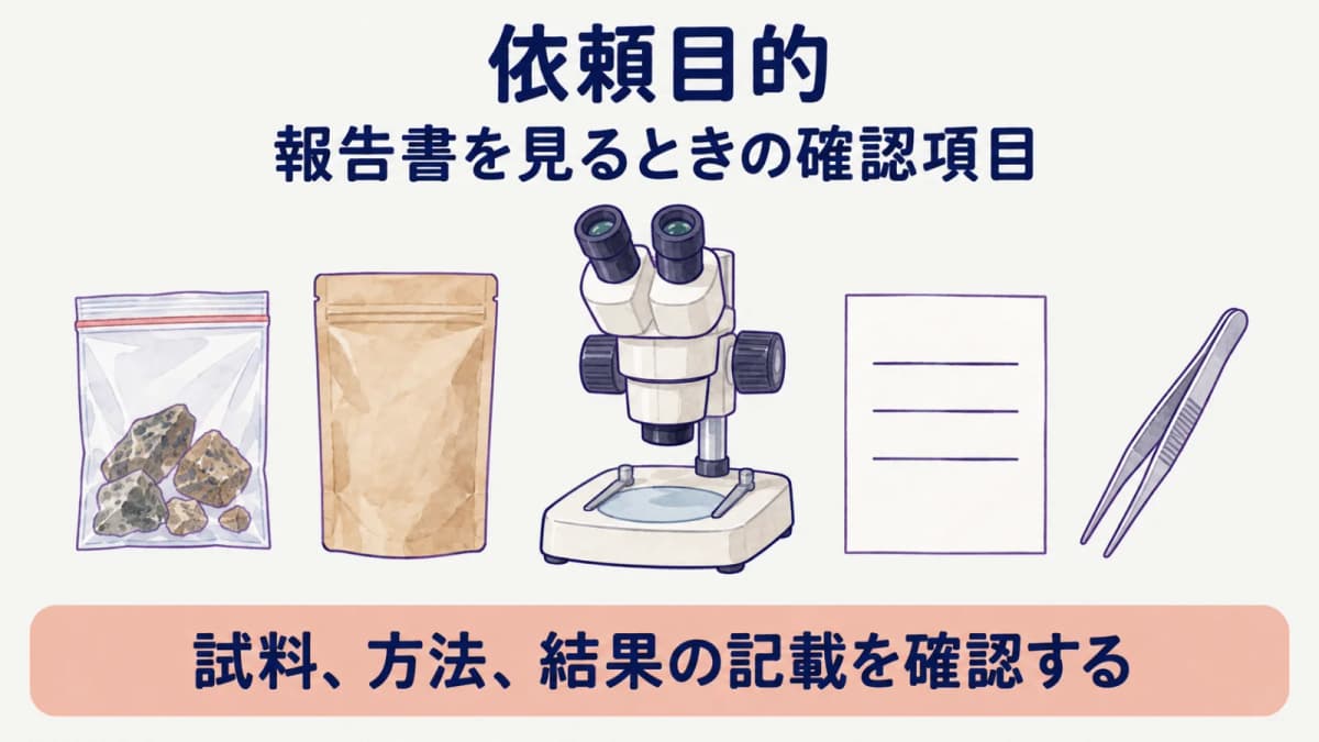 試料と比較対照を添えて報告書の記載項目を確認する図