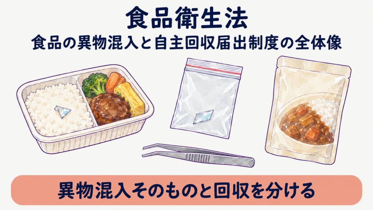食品トレーと検体袋を使って異物発見から回収確認までを分ける図