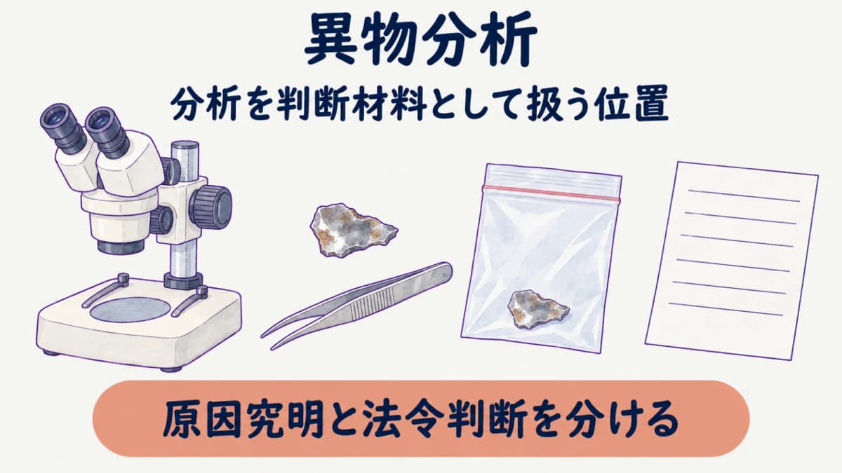 ピンセットで異物を扱い原因究明と制度判断を分ける図
