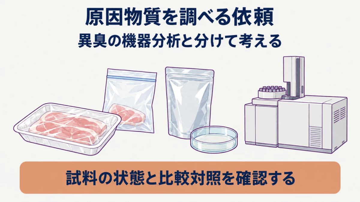 異臭品と正常品を分析装置の前で比較する食品トレーの図